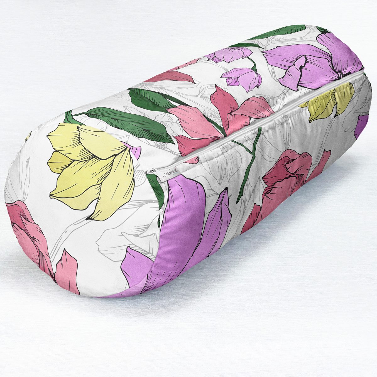 Beyaz Zemin Üzerinde Renkli Çiçek Desenli Dijital Baskılı Modern İç Dolgulu - Fermuarlı Süet Berjer Silindir Yastık Kırlent Realhomes