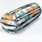 Beyaz Zeminde Siyah Çizgili Renkli Yaprak Desenli Dijital Baskılı Modern İç Dolgulu - Fermuarlı Süet Berjer Silindir Yastık Kırlent Realhomes