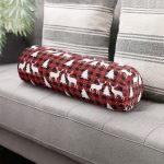 Kırmızı Ekose Desenli Geyik Motifli Dijital Baskılı Modern İç Dolgulu - Fermuarlı Süet Silindir Rulo Yastık Kırlent Realhomes