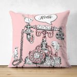 - Suet-K10002-Gorsel - Realhomes Çift Taraflı Pembe Zemin Antika Telefon Tasarımlı Dijital Baskılı Modern Süet Yastık Kırlent Kılıfı Realhomes