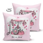 - Suet-K10003-Gorsel-1 - Realhomes Çift Taraflı Pembe Zemin Kalpli Antika Telefon Tasarımlı Dijital Baskılı Dekoratif Süet Yastık Kırlent Kılıfı Realhomes