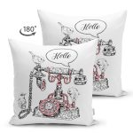 Çift Taraflı Beyaz Zemin Antika Telefon Çizimli Dijital Baskılı Dekoratif Süet Yastık Kırlent Kılıfı Realhomes
