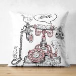 Çift Taraflı Beyaz Zemin Antika Telefon Çizimli Dijital Baskılı Dekoratif Süet Yastık Kırlent Kılıfı Realhomes