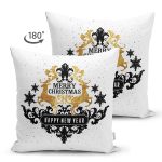 Çift Taraflı Siyah Beyaz Geyikli Merry Christmas Motifli Dijital Baskılı Modern Süet Yastık Kırlent Kılıfı Realhomes