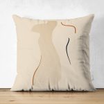 Çift Taraflı Krem Zeminli Kadın Silüet Çizimli Dijital Baskılı Modern Süet Yastık Kırlent Kılıfı Realhomes