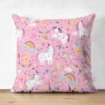 - Suet-K1002-Gorsel - Realhomes Realhomes Çift Taraflı Pembe Zeminli Unicorn Motifli Özel Tasarım Dijital Baskılı Modern Süet Yastık Kırlent Kılıfı Realhomes