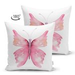 Çift Taraflı Beyaz Zemin Pembe Kelebek Tasarımlı Dijital Baskılı Dekoratif Süet Yastık Kırlent Kılıfı Realhomes