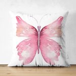 Çift Taraflı Beyaz Zemin Pembe Kelebek Tasarımlı Dijital Baskılı Dekoratif Süet Yastık Kırlent Kılıfı Realhomes