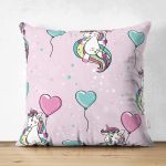 - Печать - Realhomes Realhomes Çift Taraflı Balonlu Unicorn Motifli Özel Tasarım Dijital Baskılı Modern Süet Yastık Kırlent Kılıfı Realhomes