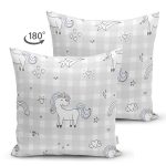 Realhomes Çift Taraflı Açık Vizon Ekose Zeminli Unicorn Desenli Özel Tasarım Dijital Baskılı Modern Süet Yastık Kırlent Kılıfı Realhomes