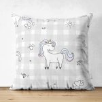 Realhomes Çift Taraflı Açık Vizon Ekose Zeminli Unicorn Desenli Özel Tasarım Dijital Baskılı Modern Süet Yastık Kırlent Kılıfı Realhomes