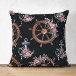 - Suet-K10084-Gorsel - Realhomes Çift Taraflı Siyah Zemin Çapa & Dümen Tasarımlı Dijital Baskılı Modern Süet Yastık Kırlent Kılıfı Realhomes