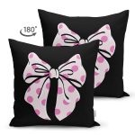 - Suet-K10098-Gorsel-1 - Realhomes Çift Taraflı Siyah Zemin Pembe Puantiyeli Kurdele Tasarımlı Dijital Baskılı Modern Süet Yastık Kırlent Kılıfı Realhomes