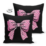 Çift Taraflı Siyah Zemin Pembe Kurdele Tasarımlı Dijital Baskılı Dekoratif Süet Yastık Kırlent Kılıfı Realhomes