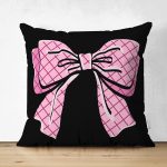 Çift Taraflı Siyah Zemin Pembe Kurdele Tasarımlı Dijital Baskılı Dekoratif Süet Yastık Kırlent Kılıfı Realhomes