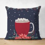 - Suet-K10102-Gorsel - Realhomes Çift Taraflı Lacivert Zemin Kırmızı Bardak Desenli Dijital Baskılı Modern Süet Yastık Kırlent Kılıfı Realhomes