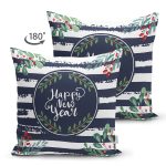 Çift Taraflı Lacivert Çizgili Happy New Year Motifli Dijital Baskılı Modern Süet Yastık Kırlent Kılıfı Realhomes