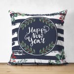 Çift Taraflı Lacivert Çizgili Happy New Year Motifli Dijital Baskılı Modern Süet Yastık Kırlent Kılıfı Realhomes