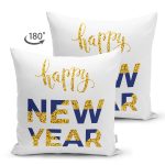 Çift Taraflı Beyaz Zemin Gold & Lacivert Happy New Year Çizimli Dijital Baskılı Modern Süet Yastık Kırlent Kılıfı Realhomes