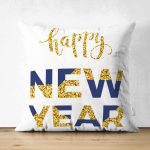 Çift Taraflı Beyaz Zemin Gold & Lacivert Happy New Year Çizimli Dijital Baskılı Modern Süet Yastık Kırlent Kılıfı Realhomes