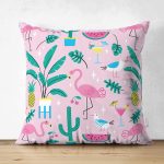 Realhomes Çift Taraflı Pembe Zeminli Flamingo Tasarımlı Dijital Baskılı Modern Süet Yastık Kırlent Kılıfı Realhomes