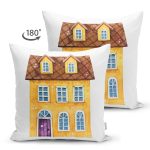 Çift Taraflı Minyatür Sarı Ev Çizimli Dijital Baskılı Dekoratif Süet Yastık Kırlent Kılıfı Realhomes