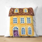 Çift Taraflı Minyatür Sarı Ev Çizimli Dijital Baskılı Dekoratif Süet Yastık Kırlent Kılıfı Realhomes