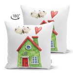 Çift Taraflı Minyatür Yeşil Ev Çizimli Dijital Baskılı Modern Süet Yastık Kırlent Kılıfı Realhomes