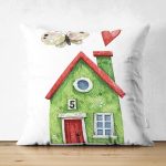 Çift Taraflı Minyatür Yeşil Ev Çizimli Dijital Baskılı Modern Süet Yastık Kırlent Kılıfı Realhomes