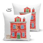 Çift Taraflı Minyatür Kırmızı Ev Çizimli Dijital Baskılı Dekoratif Süet Yastık Kırlent Kılıfı Realhomes