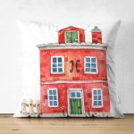 Çift Taraflı Minyatür Kırmızı Ev Çizimli Dijital Baskılı Dekoratif Süet Yastık Kırlent Kılıfı Realhomes