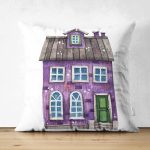 - Suet-K10116-Gorsel - Realhomes Çift Taraflı Minyatür Mor Ev Çizimli Dijital Baskılı Modern Süet Yastık Kırlent Kılıfı Realhomes