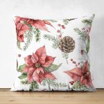 Çift Taraflı Kırmızı Gül & Kozalak Tasarımlı Dijital Baskılı Modern Süet Yastık Kırlent Kılıfı Realhomes