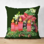 - Suet-K10144-Gorsel - Realhomes Çift Taraflı Yeşil Zemin Çam Yapraklı Mum Tasarımlı Dijital Baskılı Modern Süet Yastık Kırlent Kılıfı Realhomes