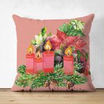 - Suet-K10146-Gorsel - Realhomes Çift Taraflı Pembe Zemin Çam Yapraklı Mum Tasarımlı Dijital Baskılı Modern Süet Yastık Kırlent Kılıfı Realhomes