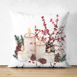 - Suet-K10159-Gorsel - Realhomes Çift Taraflı Mum & Kozalak Tasarımlı Christmas Temalı Dijital Baskılı Dekoratif Süet Yastık Kırlent Kılıfı Realhomes