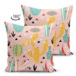 Realhomes Çift Taraflı Pembe Zeminli Kaktüs Tasarımlı Dijital Baskılı Modern Süet Yastık Kırlent Kılıfı Realhomes