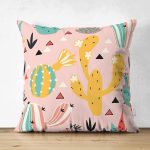 Realhomes Çift Taraflı Pembe Zeminli Kaktüs Tasarımlı Dijital Baskılı Modern Süet Yastık Kırlent Kılıfı Realhomes