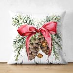 - Suet-K10184-Gorsel - Realhomes Çift Taraflı Özel Tasarım Kurdeleli Kozalak Motifli Dijital Baskılı Dekoratif Süet Yastık Kırlent Kılıfı Realhomes