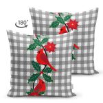 - Suet-K10204-Gorsel-1 - Realhomes Çift Taraflı Gri Ekose Zemin & Kırmızı Kuş Tasarımlı Dijital Baskılı Dekoratif Süet Yastık Kırlent Kılıfı Realhomes