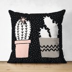 Çift Taraflı Siyah Kumlama Zemin Kaktüs Tasarımlı Dijital Baskılı Modern Süet Yastık Kırlent Kılıfı Realhomes