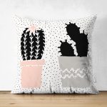 Çift Taraflı Krem Kumlama Zemin Kaktüs Tasarımlı Dijital Baskılı Dekoratif Süet Yastık Kırlent Kılıfı Realhomes