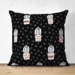 - Suet-K10232-Gorsel - Realhomes Çift Taraflı Siyah Puantiye Zeminli Kaktüs Motifli Dijital Baskılı Dekoratif Süet Yastık Kırlent Kılıfı Realhomes