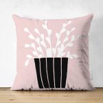 Çift Taraflı Pembe Zemin Vazo Desenli Dijital Baskılı Modern Süet Yastık Kırlent Kılıfı Realhomes