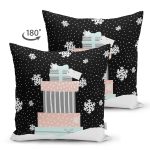 Çift Taraflı Siyah Kar Taneli Zemin Hediye Paketleri Desenli Dijital Baskılı Modern Süet Yastık Kırlent Kılıfı Realhomes