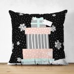 Çift Taraflı Siyah Kar Taneli Zemin Hediye Paketleri Desenli Dijital Baskılı Modern Süet Yastık Kırlent Kılıfı Realhomes