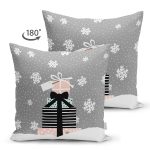 Çift Taraflı Gri Kar Taneli Zemin Hediye Paketleri Desenli Dijital Baskılı Dekoratif Süet Yastık Kırlent Kılıfı Realhomes