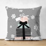 Çift Taraflı Gri Kar Taneli Zemin Hediye Paketleri Desenli Dijital Baskılı Dekoratif Süet Yastık Kırlent Kılıfı Realhomes