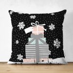 Çift Taraflı Siyah Kar Taneli Zemin Hediye Paketleri Desenli Dijital Baskılı Modern Süet Yastık Kırlent Kılıfı Realhomes
