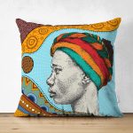 Çift Taraflı Etnik Türbanlı Afrika Kadın Tasarımlı Dijital Baskılı Dekoratif Süet Yastık Kırlent Kılıfı Realhomes